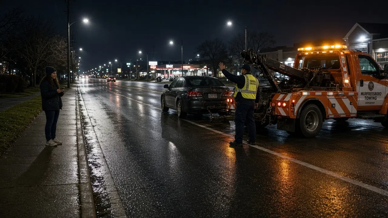 A woman and a man wait beside a silver sedan on the shoulder as a yellow tow truck arrives
