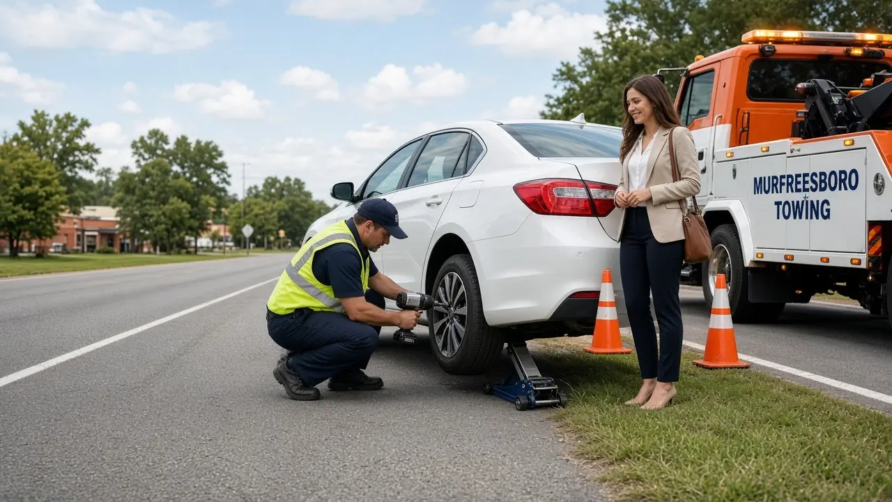 A woman and a man beside a silver sedan with a flat tire, a yellow service truck parked nearby
