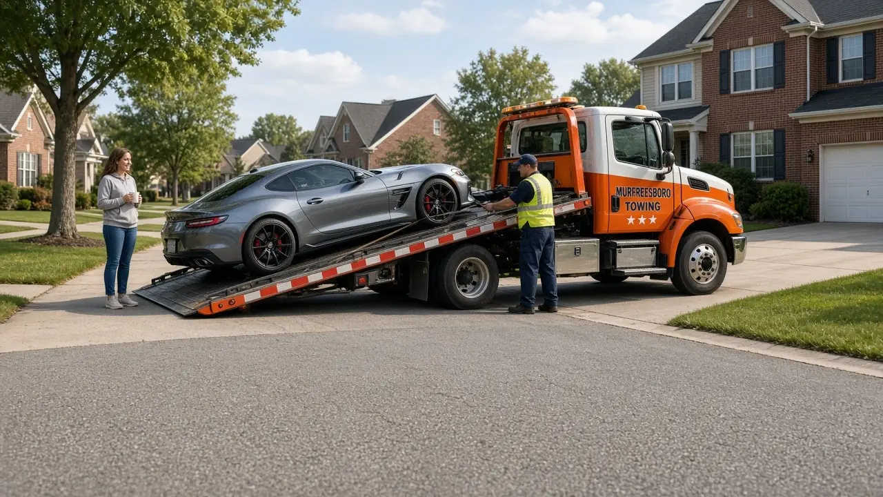 A woman and a man beside a silver sedan while a yellow flatbed tow truck is ready to load it